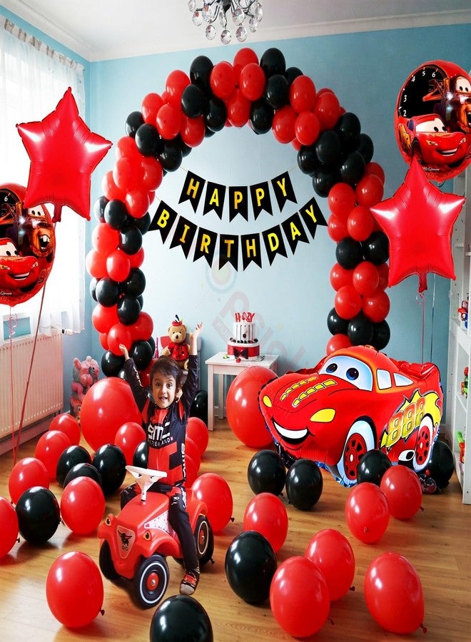 بروبسيكل مجموعة زينة عيد ميلاد للأولاد بتصميم سيارات السباق - (عبوة من 104) بالونات سوداء وحمراء، لافتة عيد ميلاد سعيد، بالونات فويل على شكل سيارات سباق، شريط قوس ونقاط لاصقة، خلفية ديكور لحفلة سباق - Image 5